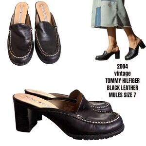 VINTAGE 2004 Tommy Hilfiger Black Leather Mules - Sz 7